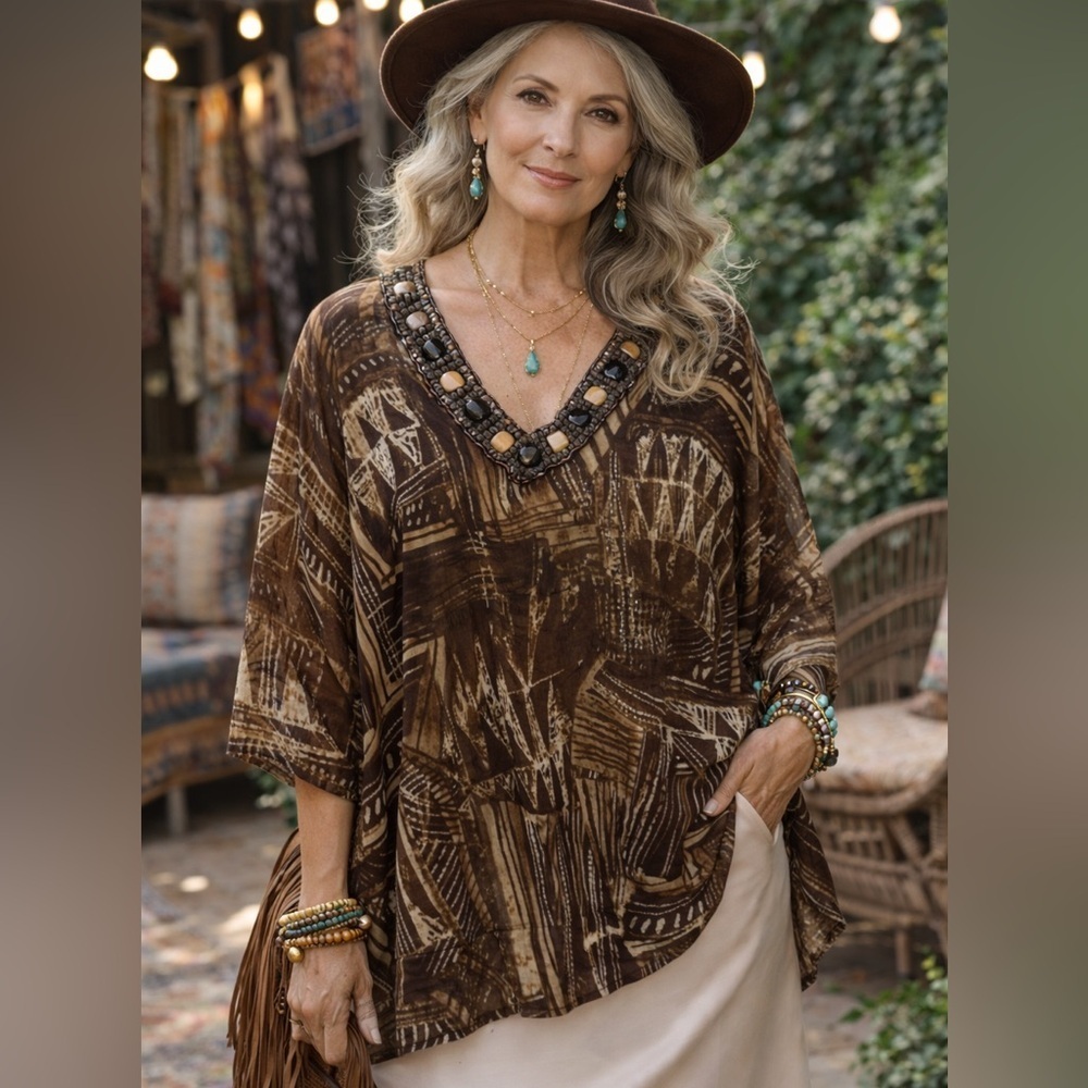 Chico’s Sheer Flowy Caftan Top Boho Beaded V-neck Tribal Size Large/XL Brown